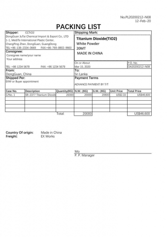 CCTiO2 Packing List Sample